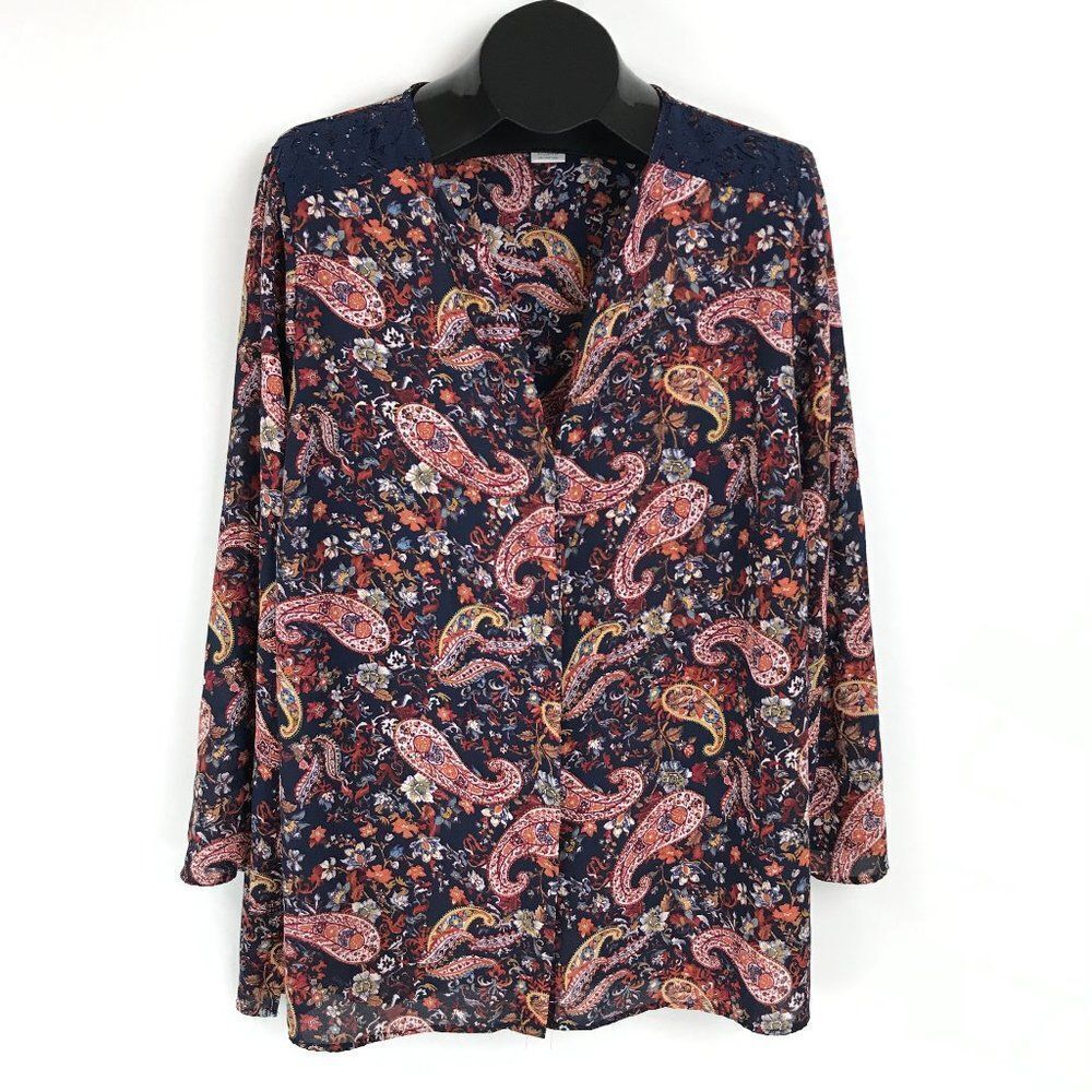 Terra & Sky Button Down Chiffon Blouse Womens Plus Size 1X Paisley Roll Tab Boho